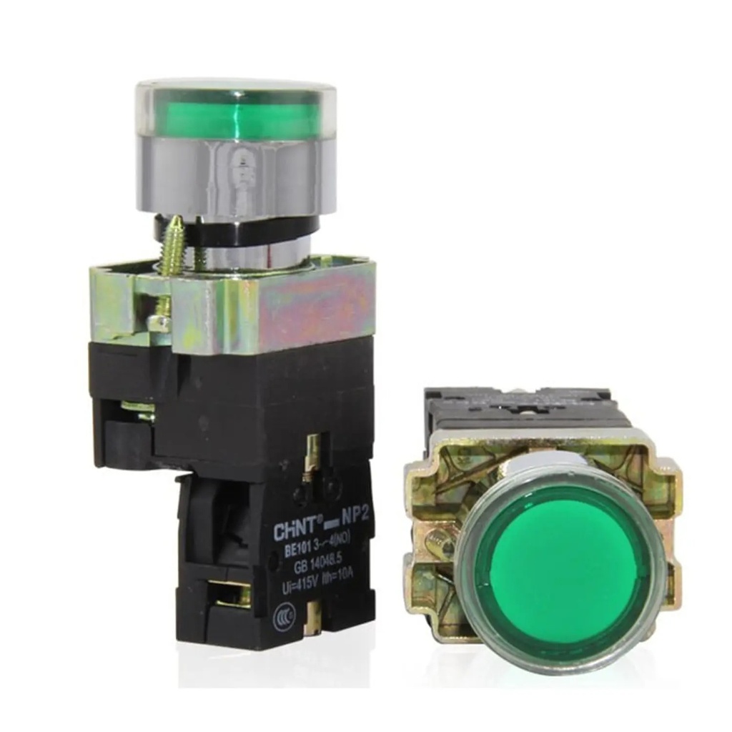 [2506111CH574076] Pulsador luminoso verde, metalico, led 220Vac, 1NA, IP40, NP2 - Chint - 2506111CH